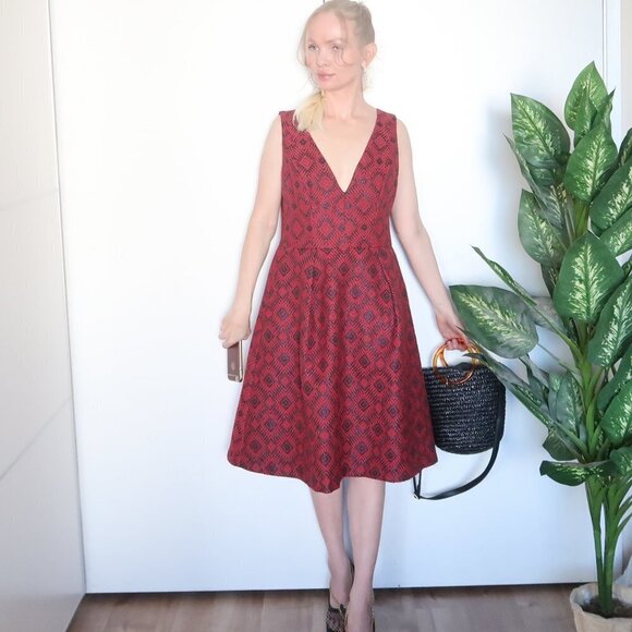 Anthropologie Hutch Red & Black Tweed V-neck Sleeveless Flare Midi Dress Size 8 - Picture 2 of 12